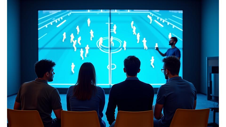 Atletas e treinadores a analisar jogadas em sala de vídeo tática.