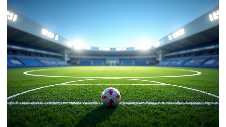 Campo principal de futebol com relva sintética e iluminação noturna.
