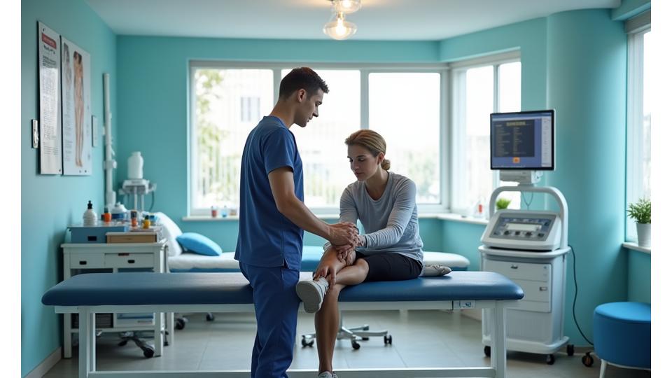 Fisioterapeuta a trabalhar com atleta em sala de recuperação moderna.