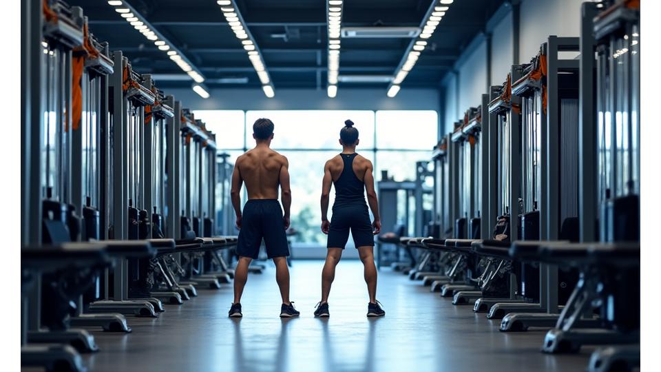 Ginásio moderno com equipamentos Technogym e atletas a treinar.