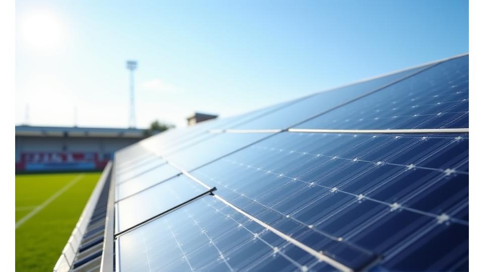Painéis solares reluzentes no topo de um edifício da academia, com céu azul.