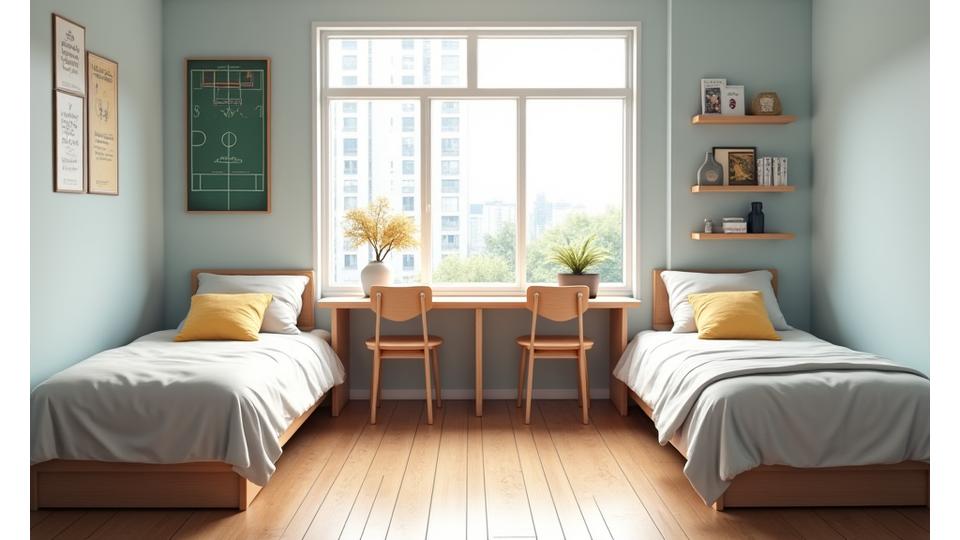 Quarto duplo moderno e acolhedor na residência de atletas.