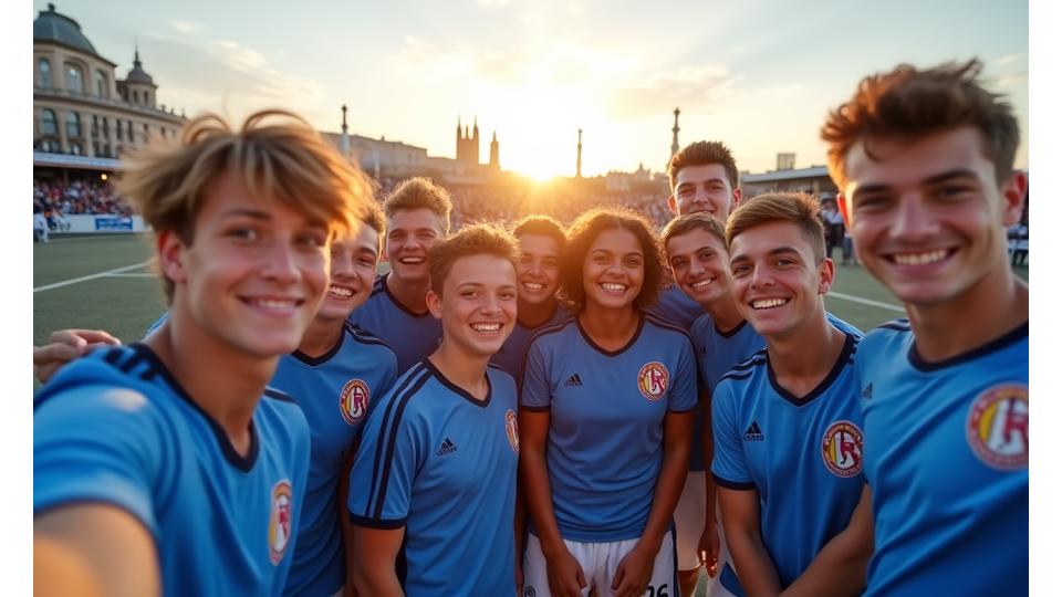 Grupo de jovens futebolistas da academia a tirar uma selfie em frente a um estádio internacional