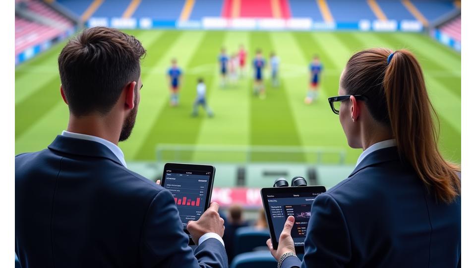 Scouts analisam jogadores jovens num campo de futebol com recurso a tablets