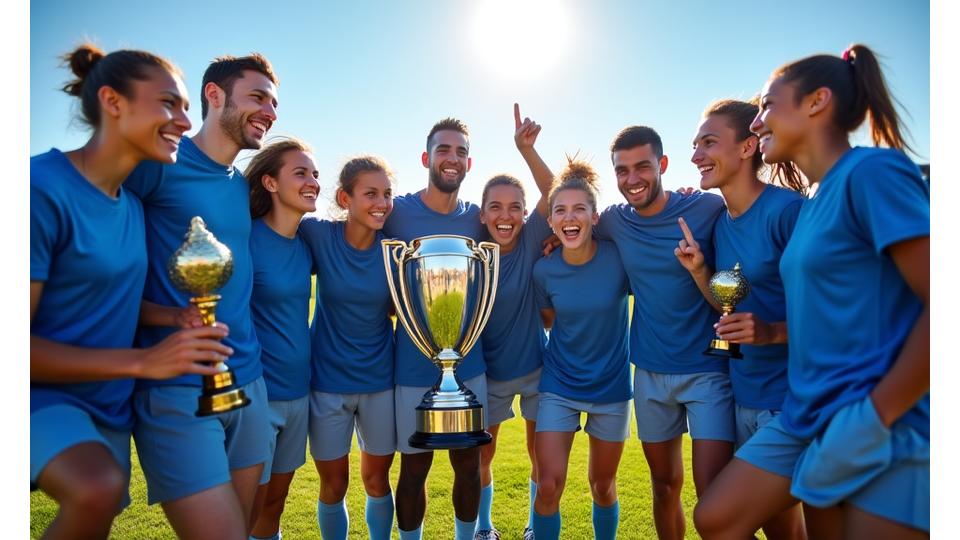 Equipa de jovens jogadores da academia a celebrar com troféus