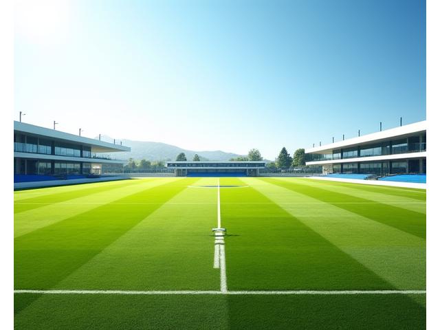 Imagem das instalações modernas da academia com campos de futebol e edifícios de apoio iluminados pelo sol.