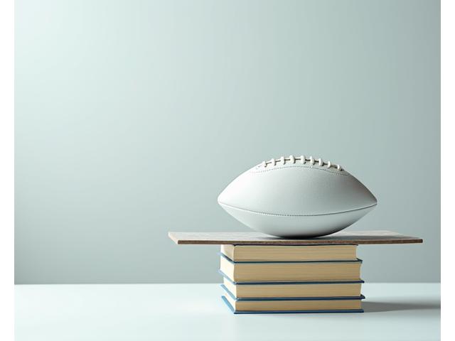 Livros e uma bola de futebol equilibrados numa balança, simbolizando o equilíbrio entre desporto e estudo