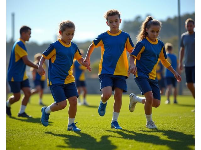 Equipa de jovens jogadores de futebol a treinar intensivamente em campo