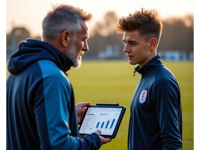 Treinador de futebol conversando com jovem atleta em campo, apontando para um tablet com gráficos de desempenho