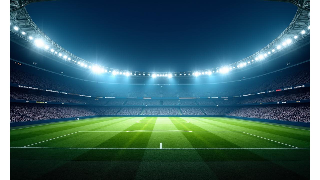 Visão aérea de um estádio de futebol profissional com luzes intensas, simbolizando o palco para atletas de elite