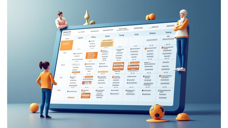 Captura de ecrã de um calendário interativo com datas de jogos e torneios de futebol feminino destacados.