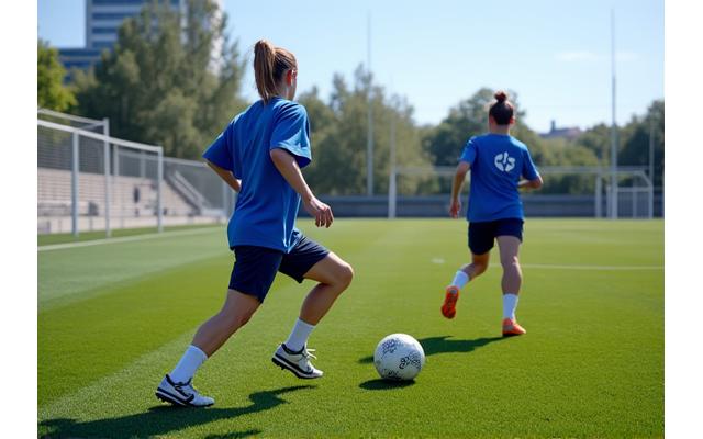 Duas jogadoras de futebol, uma masculina e uma feminina, treinando lado a lado no mesmo campo de alta qualidade, demonstrando igualdade de acesso a recursos e instalações na academia.