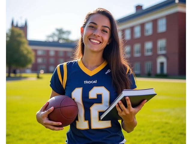 Beatriz Santos em uniforme da UCLA Bruins, campo de futebol americano.