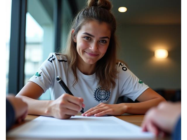 Inês Ferreira a assinar um contrato profissional de futebol.