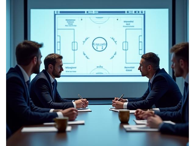 Treinadores e staff técnico reunidos em uma sala de planejamento, analisando táticas em um quadro branco, mostrando colaboração.
