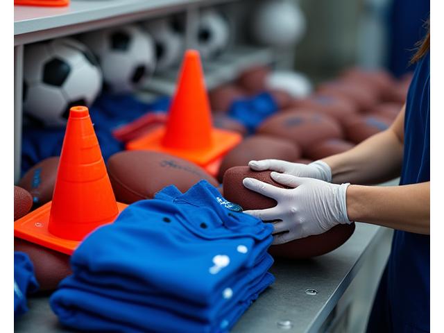Mãos organizando equipamentos de treino de futebol - bolas, cones, coletes - no depósito da academia, com foco no detalhe.