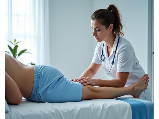 Fisioterapeuta aplicando massagem em perna de atleta lesionado numa clínica bem equipada da academia, luz suave e foco na recuperação.