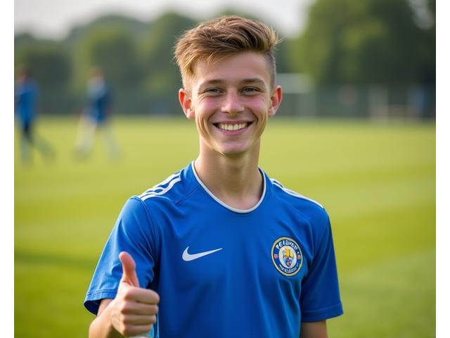 Jovem atleta sorrindo e acenando para a câmera após um treino, com o campo de futebol ao fundo, transmitindo contentamento.