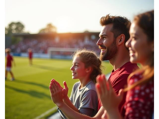 Família assistindo a um jogo de futebol de jovens jogadores do lado de fora do campo, aplaudindo e sorrindo, mostrando apoio.