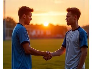 Dois jogadores de equipas adversárias apertando as mãos após um jogo, demonstrando espírito desportivo e fair-play, ao pôr do sol.