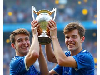 Jogadores levantando um troféu de campeão, sorrindo e celebrando a vitória com confetes no ar, num pódio.