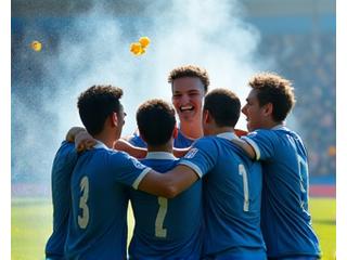 Equipa de futebol celebrando um golo com os braços no ar, em campo cheio de público, num momento de euforia e união.