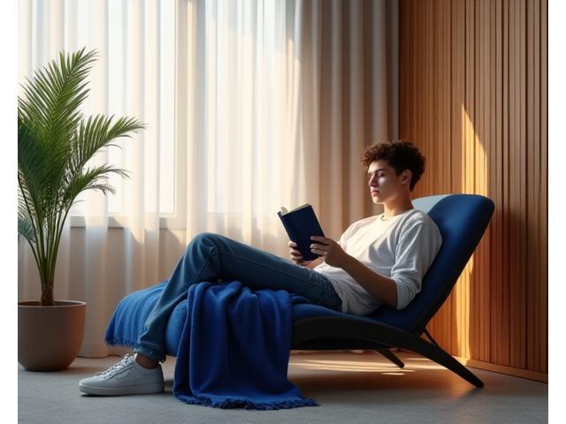 Atleta a descansar num sofá confortável na área de lazer, lendo um livro, enfatizando a importância do equilíbrio e bem-estar.
