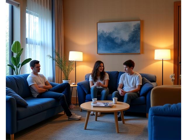 Grupo de atletas relaxando e a socializar num lounge confortável na residência, mostrando camaradagem e descontração.
