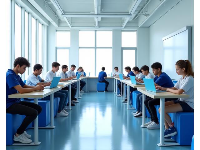 Grupo de jovens atletas estudando juntos numa sala de aula moderna na academia, com livros e computadores, demonstrando foco académico.