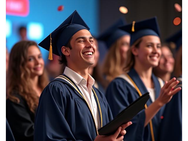 Cerimónia de graduação de jovens atletas numa sala de conferências da academia, com diplomas e sorrisos, orgulho e achievement.