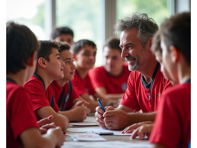 Famoso ex-jogador de futebol a dar autógrafos e a conversar com jovens atletas em evento na academia, inspirando a nova geração.