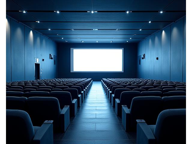 Auditório da academia com cadeiras confortáveis e um grande ecrã, vazio mas preparado para palestras e análises de vídeo.