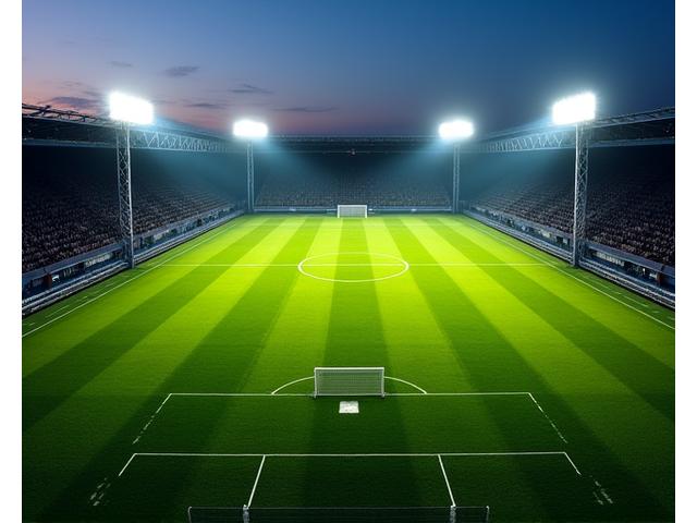 Vista aérea de um campo de futebol principal impecavelmente mantido, com iluminação noturna, pronto para uso.