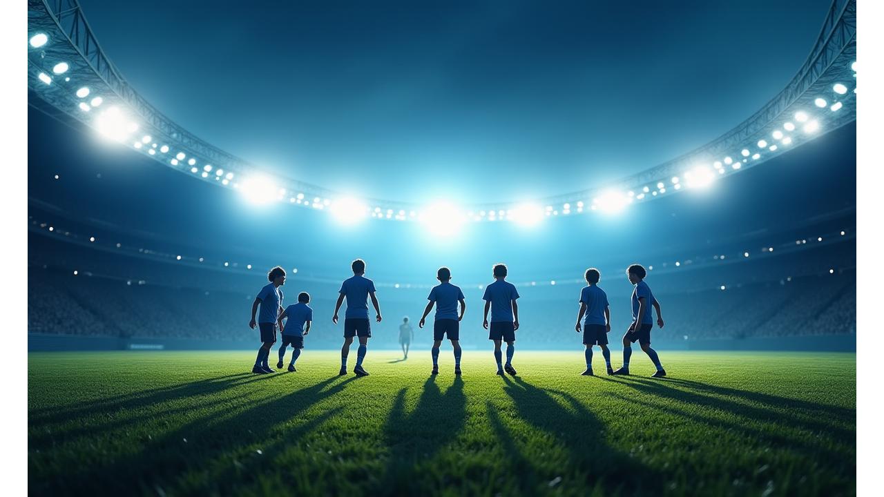 Visão aérea de um campo de futebol ao amanhecer, com jovens atletas a treinar, simbolizando o início de uma jornada de sucesso.