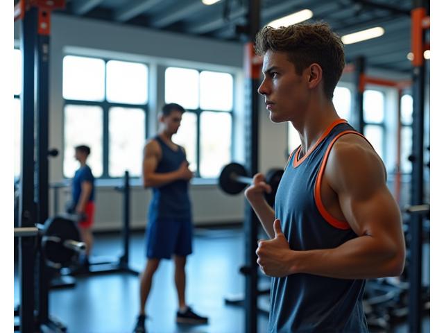 Atletas a realizar treino de força e condicionamento físico no ginásio da academia, utilizando equipamentos modernos, com expressões de esforço e determinação.