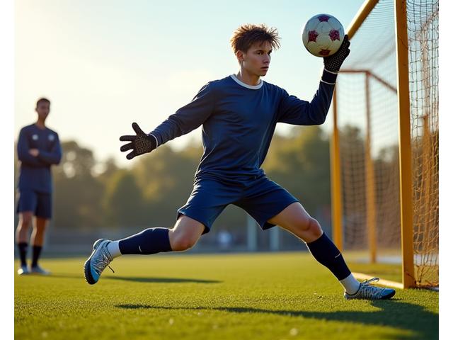 Guarda-redes em pleno salto a defender uma bola de alta velocidade, com foco na agilidade e reflexos, sob a supervisão de um treinador.