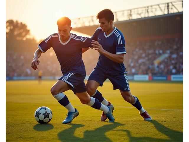 Jogadores em meio a um jogo-treino intenso, com expressões de esforço e fluidez de movimento, em um campo verde e iluminado pelo sol da tarde.