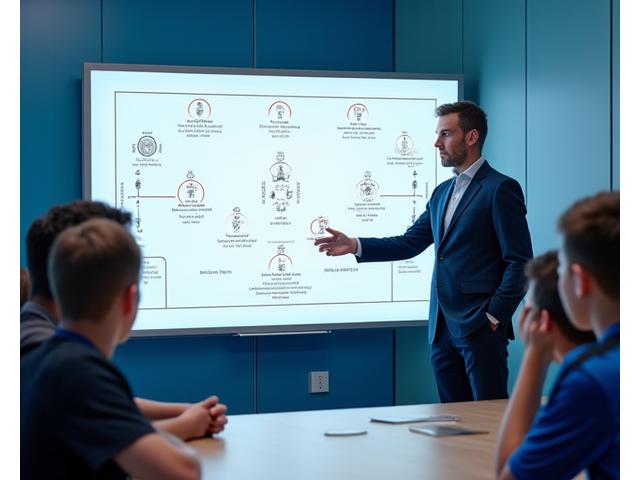 Treinador experiente a explicar táticas e posicionamento a um grupo de jovens jogadores com um quadro tático, num ambiente de concentração.