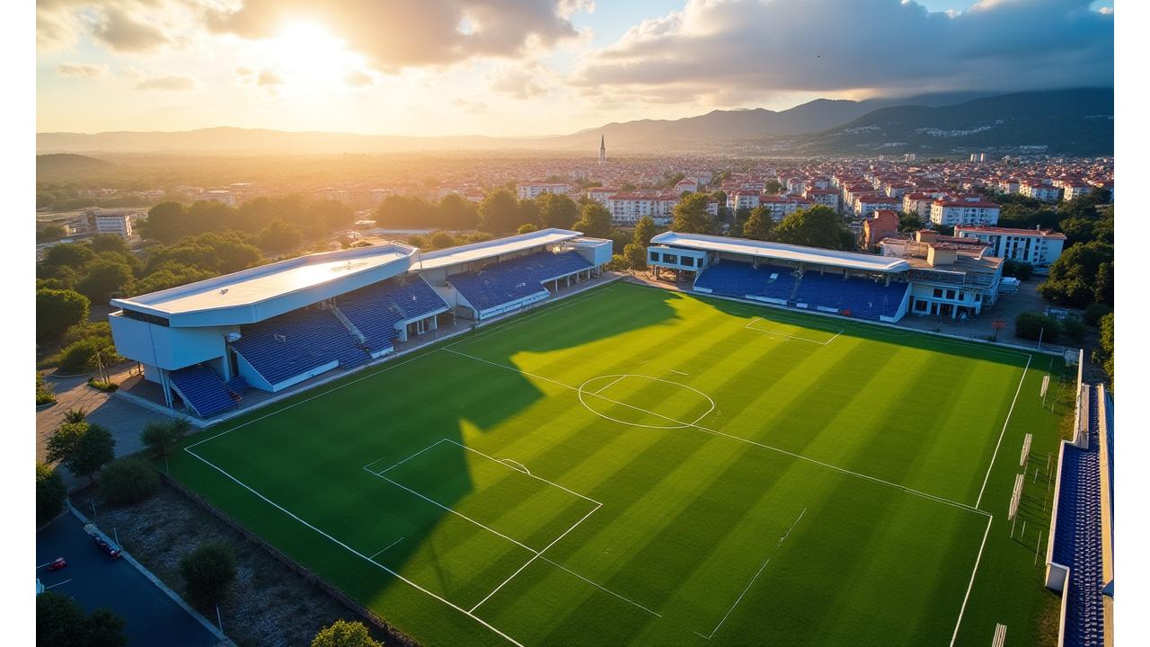 Vista panorâmica de um campo de futebol de relva sintética de última geração com edifícios de treino ao fundo