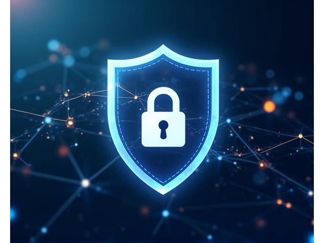 Ícone de um escudo e um cadeado, simbolizando segurança e proteção de dados, com um fundo abstrato que remete a código e informação digital.