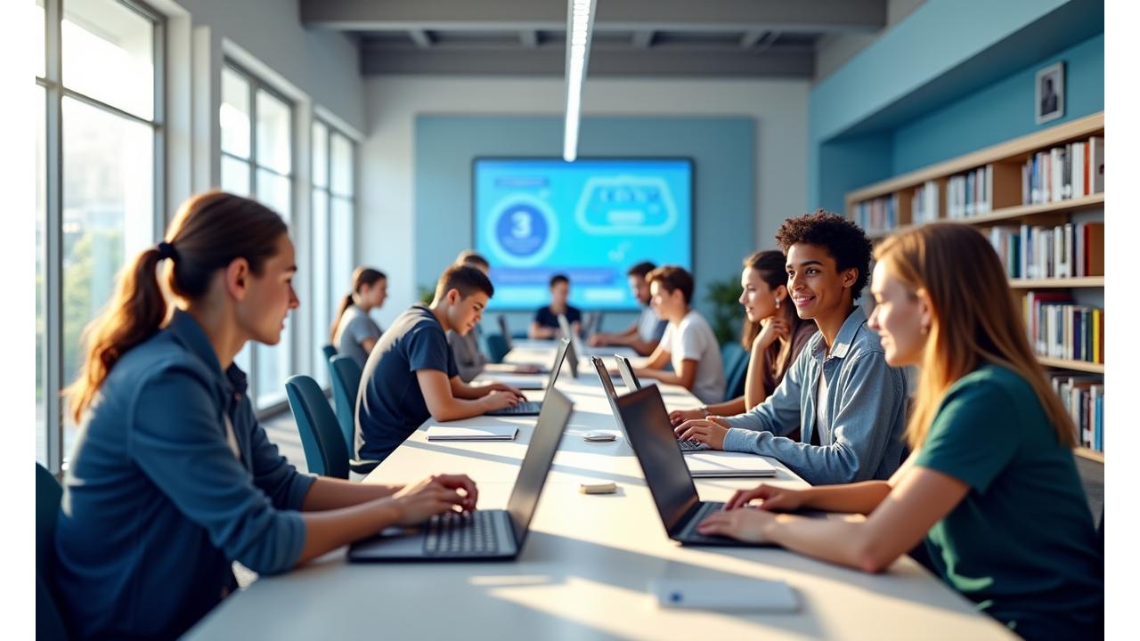Interior moderno de uma sala de estudo com jovens atletas concentrados, usando computadores e livros, recebendo apoio de um tutor.