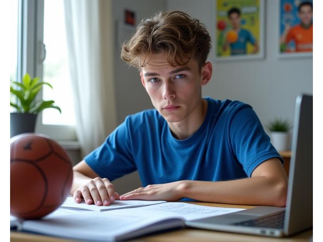 Jovem estudante-atleta focado, com um livro na secretária e uma bola de futebol ao lado, simbolizando a dualidade do caminho académico e desportivo.