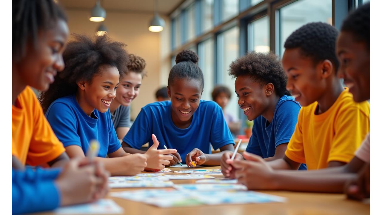 Jovens atletas a colaborar numa atividade de grupo divertida, em ambiente descontraído, a adquirir competências de vida.