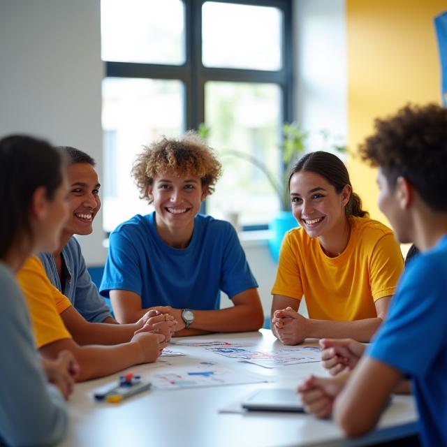 Grupo de jovens atletas a interagir ativamente num workshop de soft skills, com um formador ao centro e quadros com diagramas de equipa.