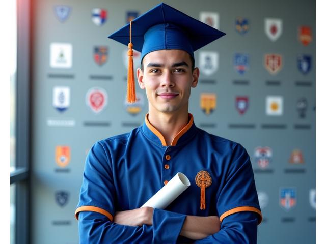 Logotipos de várias universidades norte-americanas e europeias ao lado de um jovem atleta sorridente com diploma, simbolizando a conquista de uma bolsa de estudo.