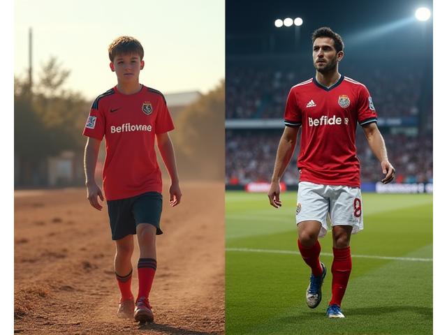Filipe Costa, jogador de futebol. Antes: jovem em campo de terra. Depois: em estádio profissional.