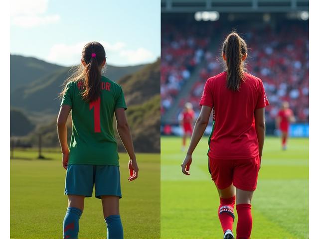 Mariana Silva, jogadora de futebol. Antes: jovem em campo rural. Depois: em jogo da seleção feminina.