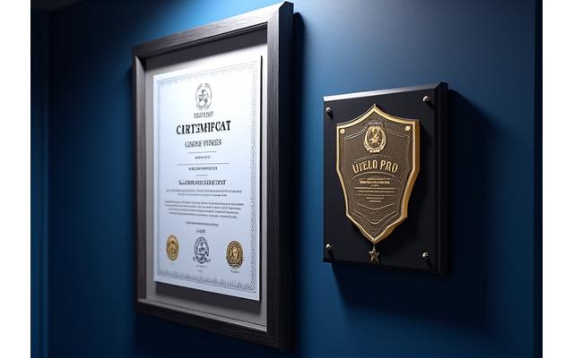 Detalhe de um certificado UEFA emoldurado, com um logótipo da academia