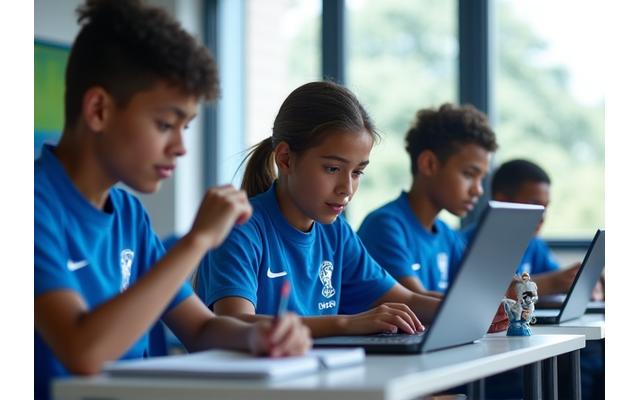 Jovens atletas a estudar numa sala de aula, focados nos cadernos