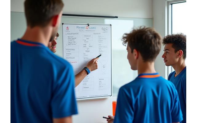 Treinador a dar instruções táticas a jovens jogadores num quadro de tática